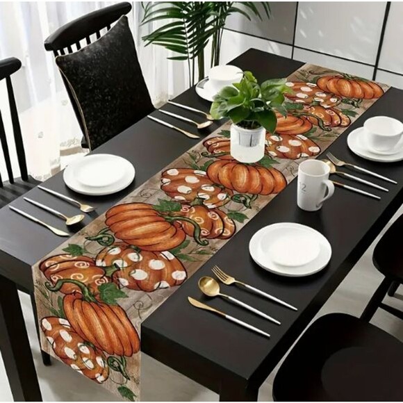 Pumpkin Table Runner 13x108in Woven Polyester Halloween Thanksgiving Fall - Picture 2 of 2